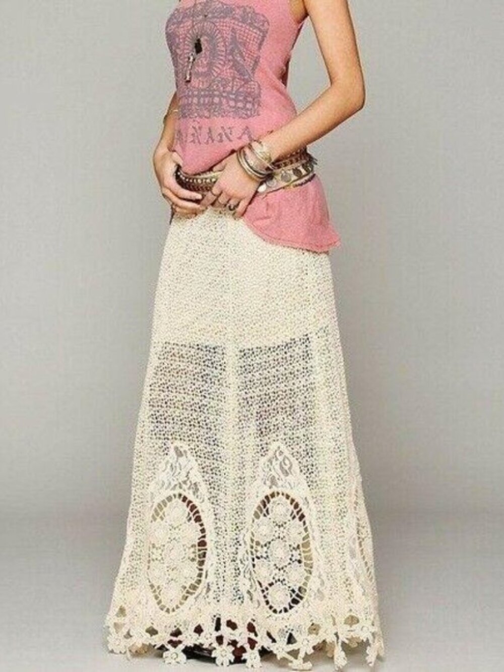 Free People White Ivory Crochet Floral Lace Maxi Skirt